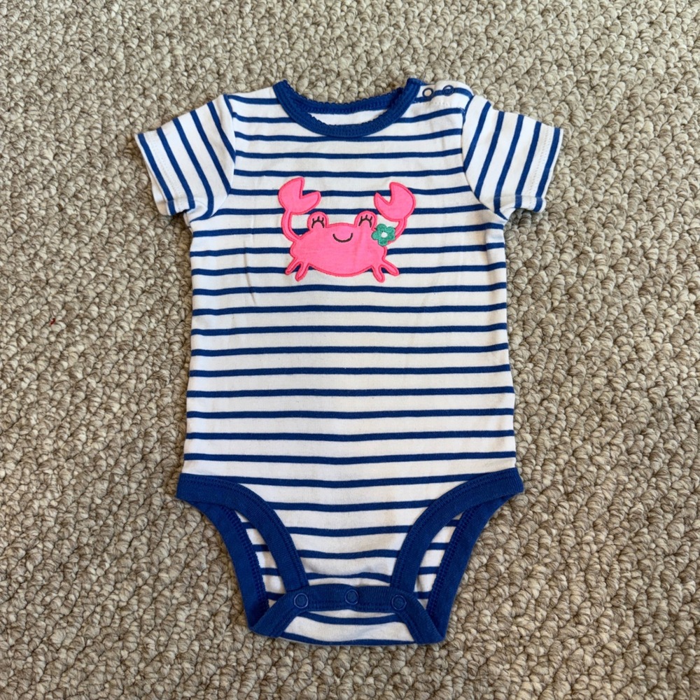 Carters Baby Girl Size 9 Months Striped Pink Crab Short Sleeve Bodysuit
